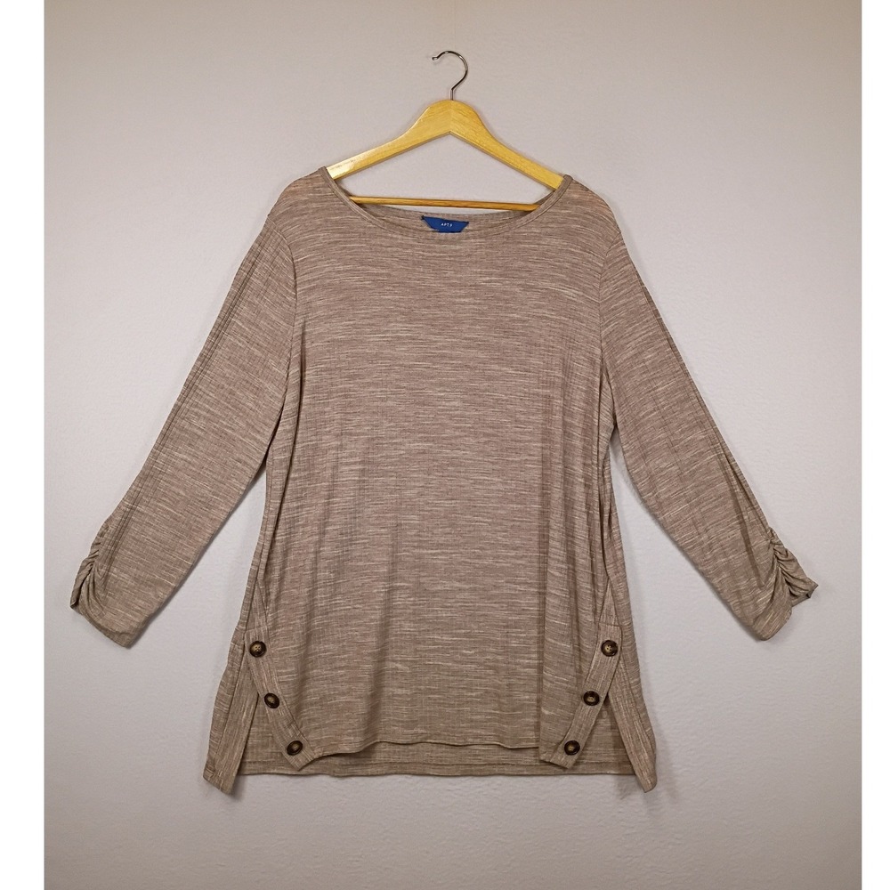 Casual Chic Apt. 9 Womens XL Tan Marled Knit Button Side Ruched Sleeve Tunic Top